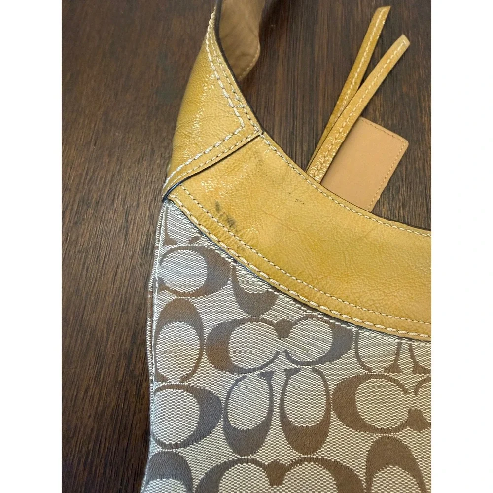 Coach Signature Jacquard Hobo Bag Yellow Patent Leather Trim Khaki Monogram